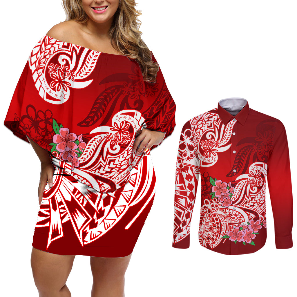 Polynesian Couples Matching Off Shoulder Short Dress and Long Sleeve Button Shirts Pacific Flower Mix Floral Tribal Tattoo Red Vibe LT9 - Wonder Print Shop