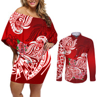 Polynesian Couples Matching Off Shoulder Short Dress and Long Sleeve Button Shirts Pacific Flower Mix Floral Tribal Tattoo Red Vibe LT9 - Wonder Print Shop