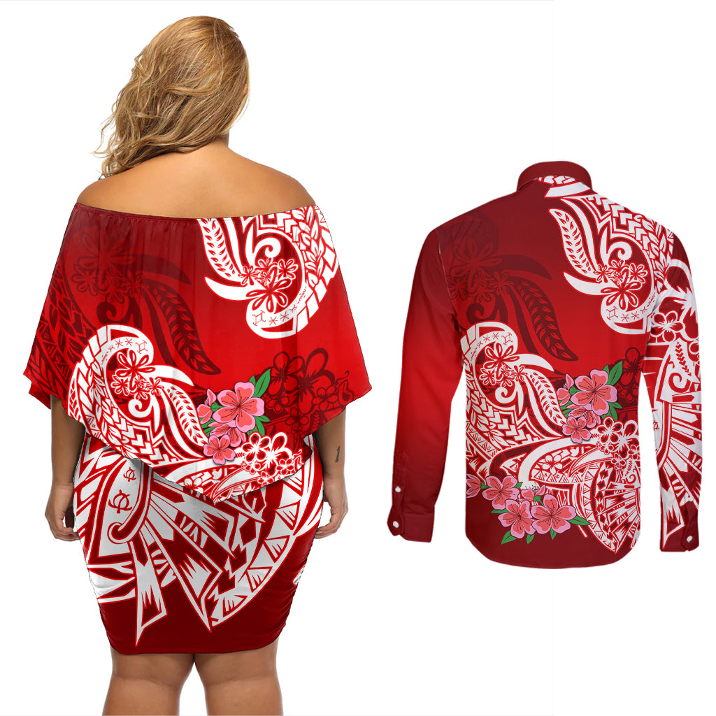 Polynesian Couples Matching Off Shoulder Short Dress and Long Sleeve Button Shirts Pacific Flower Mix Floral Tribal Tattoo Red Vibe LT9 - Wonder Print Shop