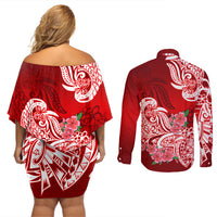 Polynesian Couples Matching Off Shoulder Short Dress and Long Sleeve Button Shirts Pacific Flower Mix Floral Tribal Tattoo Red Vibe LT9 - Wonder Print Shop