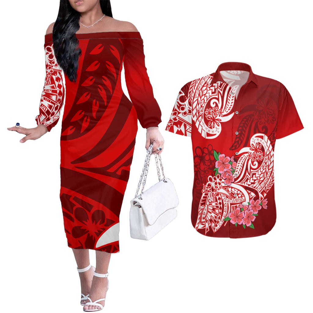 Polynesian Couples Matching Off The Shoulder Long Sleeve Dress and Hawaiian Shirt Pacific Flower Mix Floral Tribal Tattoo Red Vibe LT9 - Wonder Print Shop
