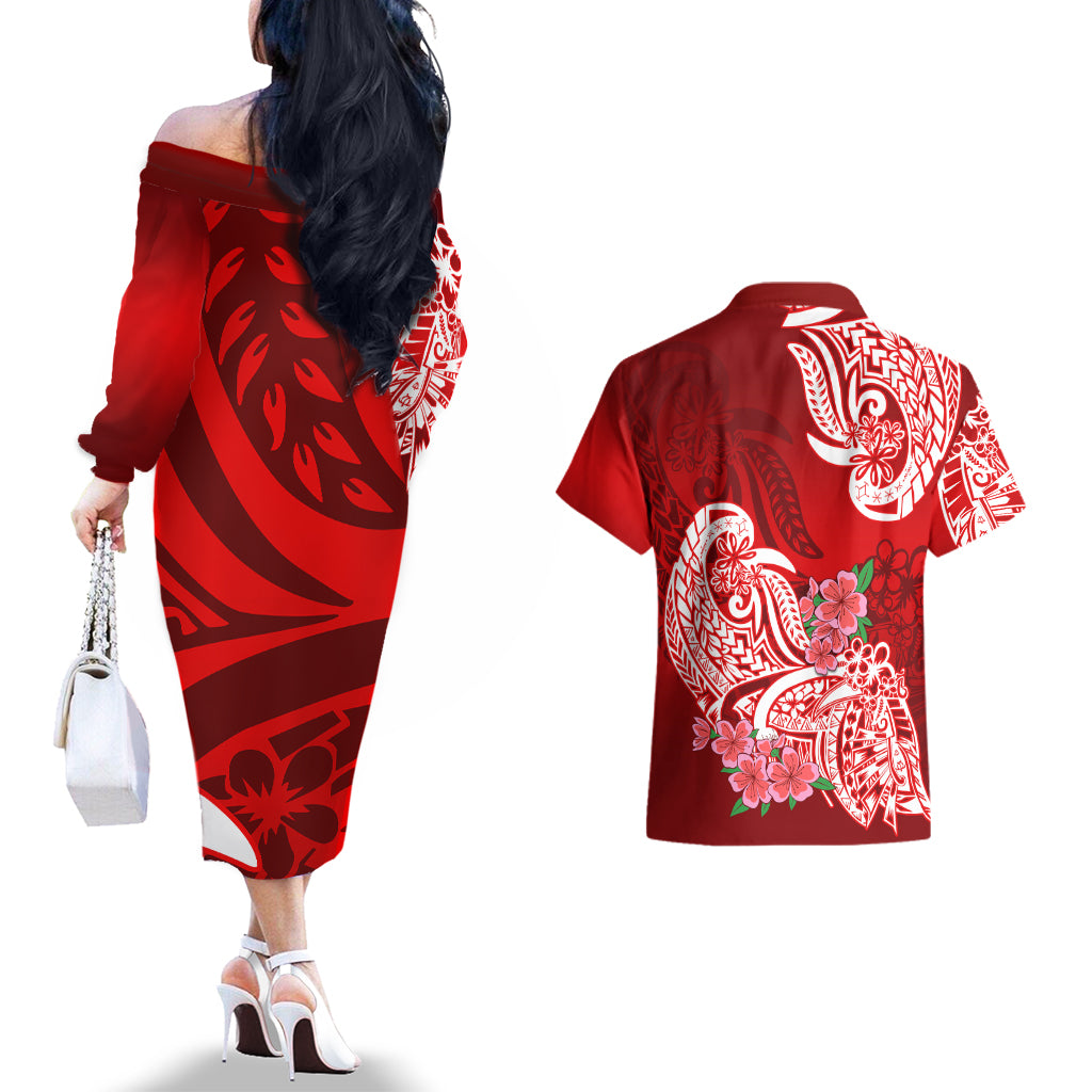 Polynesian Couples Matching Off The Shoulder Long Sleeve Dress and Hawaiian Shirt Pacific Flower Mix Floral Tribal Tattoo Red Vibe LT9 - Wonder Print Shop