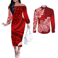 polynesian-couples-matching-off-the-shoulder-long-sleeve-dress-and-long-sleeve-button-shirts-pacific-flower-mix-floral-tribal-tattoo-red-vibe