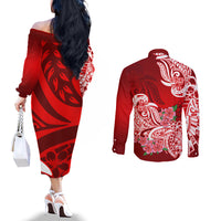 polynesian-couples-matching-off-the-shoulder-long-sleeve-dress-and-long-sleeve-button-shirts-pacific-flower-mix-floral-tribal-tattoo-red-vibe