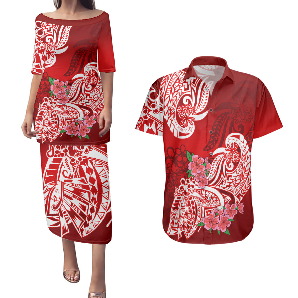 Polynesian Couples Matching Puletasi Dress and Hawaiian Shirt Pacific Flower Mix Floral Tribal Tattoo Red Vibe LT9 - Wonder Print Shop