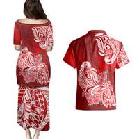 Polynesian Couples Matching Puletasi Dress and Hawaiian Shirt Pacific Flower Mix Floral Tribal Tattoo Red Vibe LT9 - Wonder Print Shop