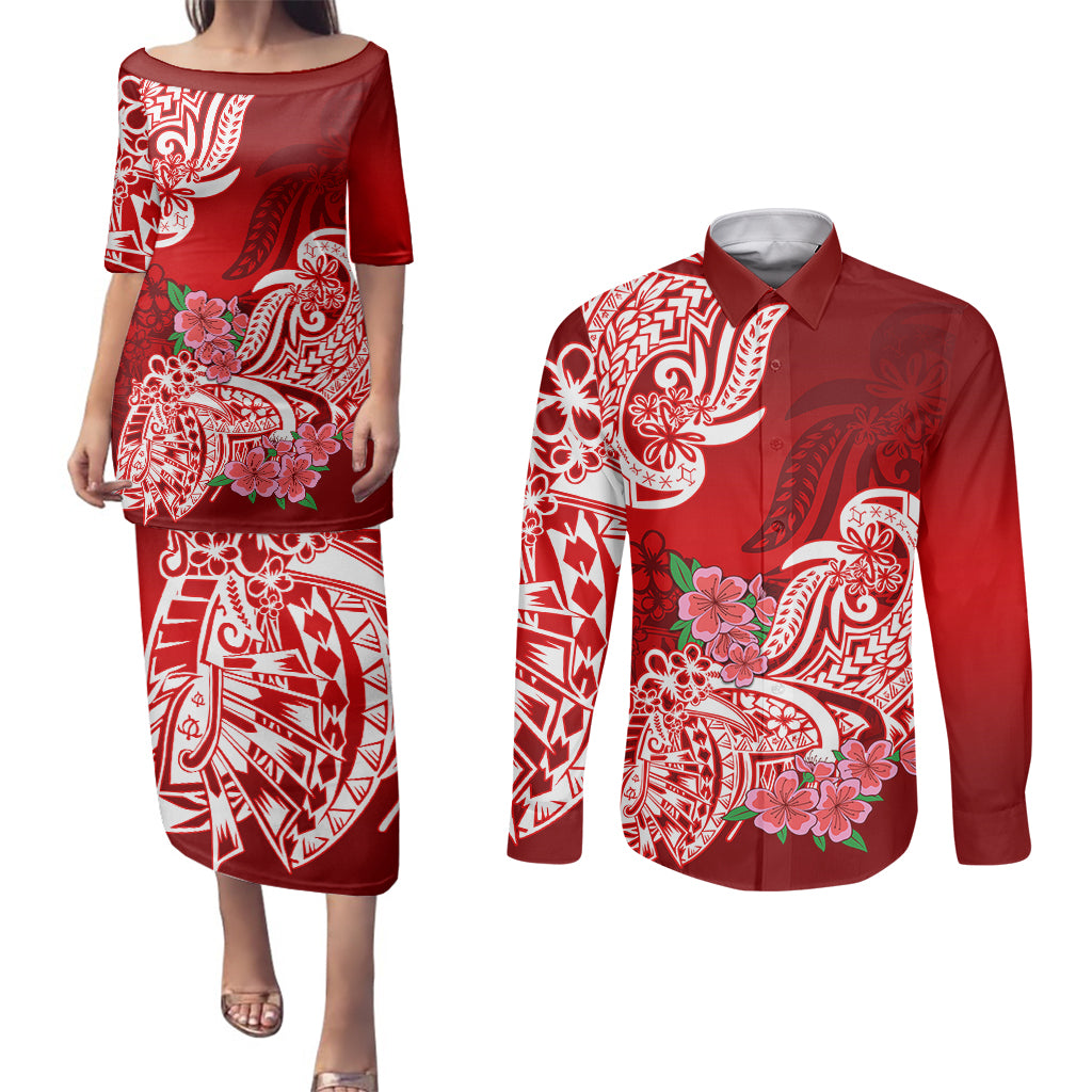 Polynesian Couples Matching Puletasi Dress and Long Sleeve Button Shirts Pacific Flower Mix Floral Tribal Tattoo Red Vibe LT9 - Wonder Print Shop
