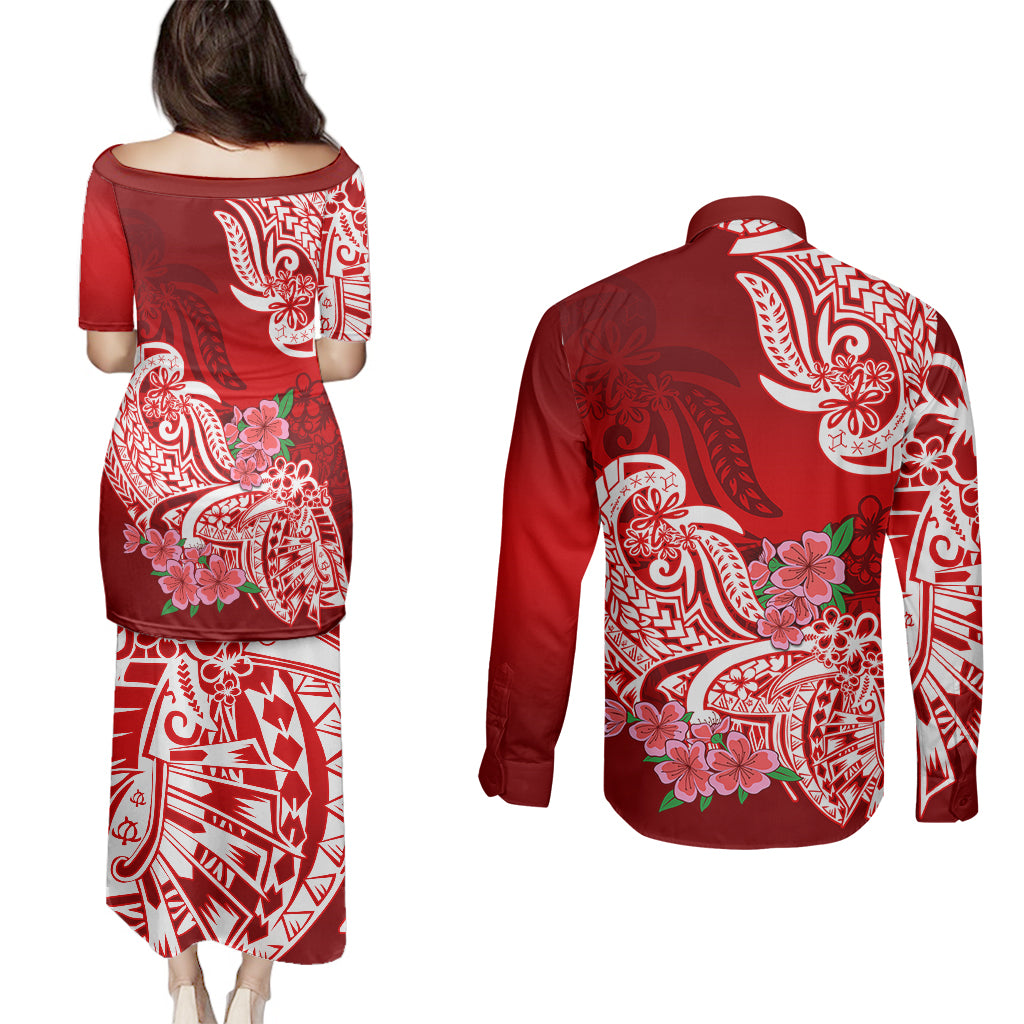 Polynesian Couples Matching Puletasi Dress and Long Sleeve Button Shirts Pacific Flower Mix Floral Tribal Tattoo Red Vibe LT9 - Wonder Print Shop