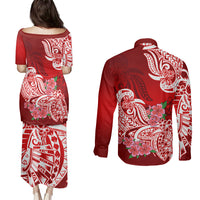 Polynesian Couples Matching Puletasi Dress and Long Sleeve Button Shirts Pacific Flower Mix Floral Tribal Tattoo Red Vibe LT9 - Wonder Print Shop