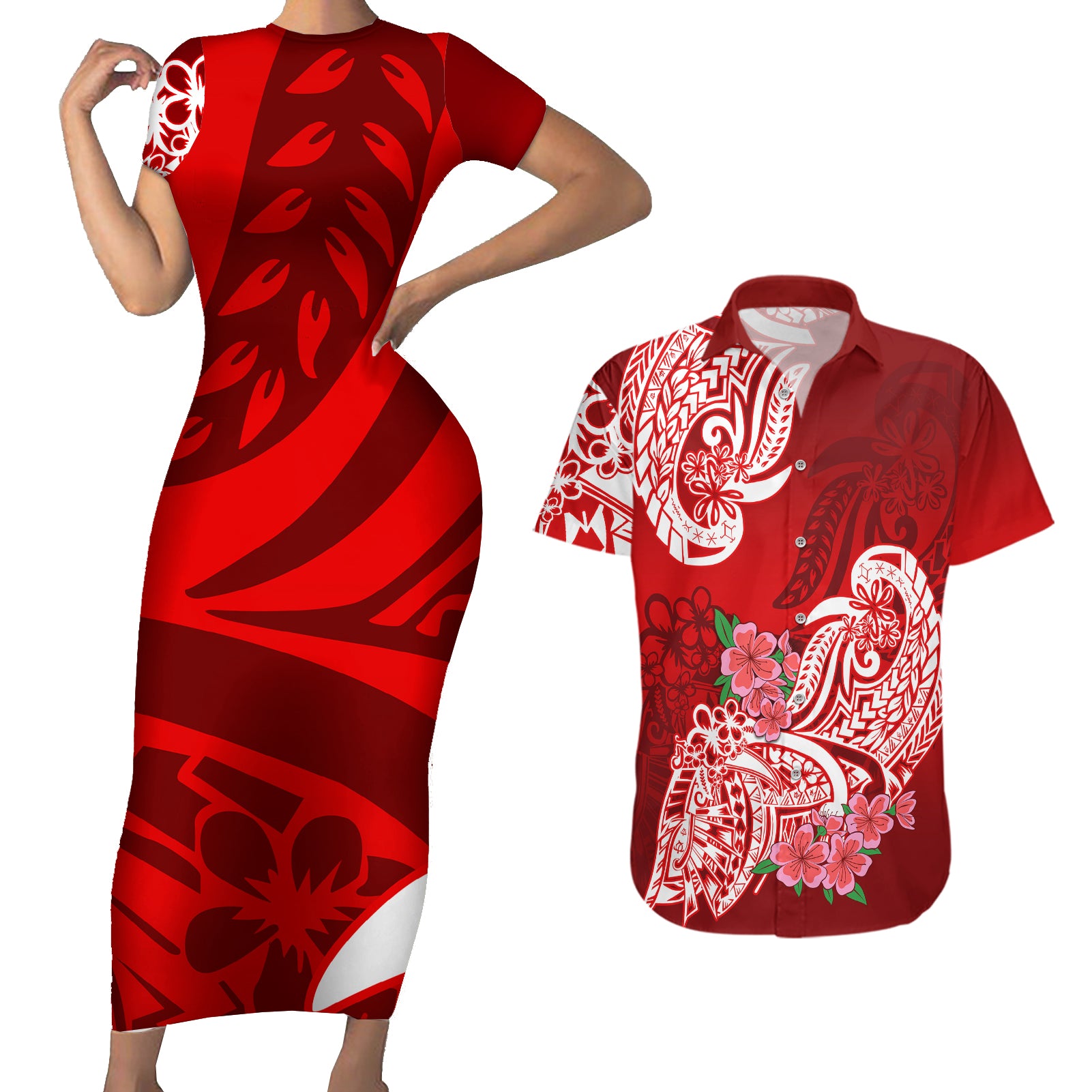Polynesian Couples Matching Short Sleeve Bodycon Dress and Hawaiian Shirt Pacific Flower Mix Floral Tribal Tattoo Red Vibe LT9 - Wonder Print Shop