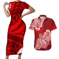 Polynesian Couples Matching Short Sleeve Bodycon Dress and Hawaiian Shirt Pacific Flower Mix Floral Tribal Tattoo Red Vibe LT9 - Wonder Print Shop