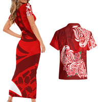 Polynesian Couples Matching Short Sleeve Bodycon Dress and Hawaiian Shirt Pacific Flower Mix Floral Tribal Tattoo Red Vibe LT9 - Wonder Print Shop