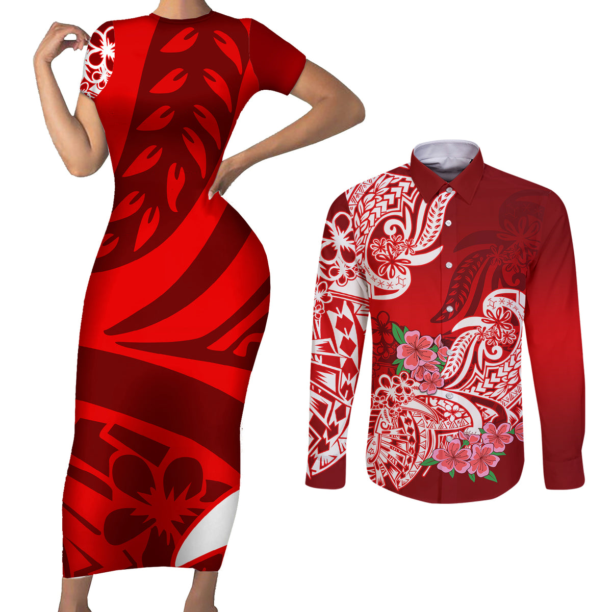 Polynesian Couples Matching Short Sleeve Bodycon Dress and Long Sleeve Button Shirts Pacific Flower Mix Floral Tribal Tattoo Red Vibe LT9 - Wonder Print Shop