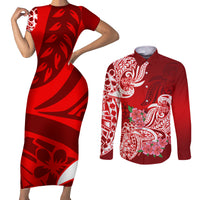 Polynesian Couples Matching Short Sleeve Bodycon Dress and Long Sleeve Button Shirts Pacific Flower Mix Floral Tribal Tattoo Red Vibe LT9 - Wonder Print Shop