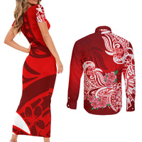 Polynesian Couples Matching Short Sleeve Bodycon Dress and Long Sleeve Button Shirts Pacific Flower Mix Floral Tribal Tattoo Red Vibe LT9 - Wonder Print Shop