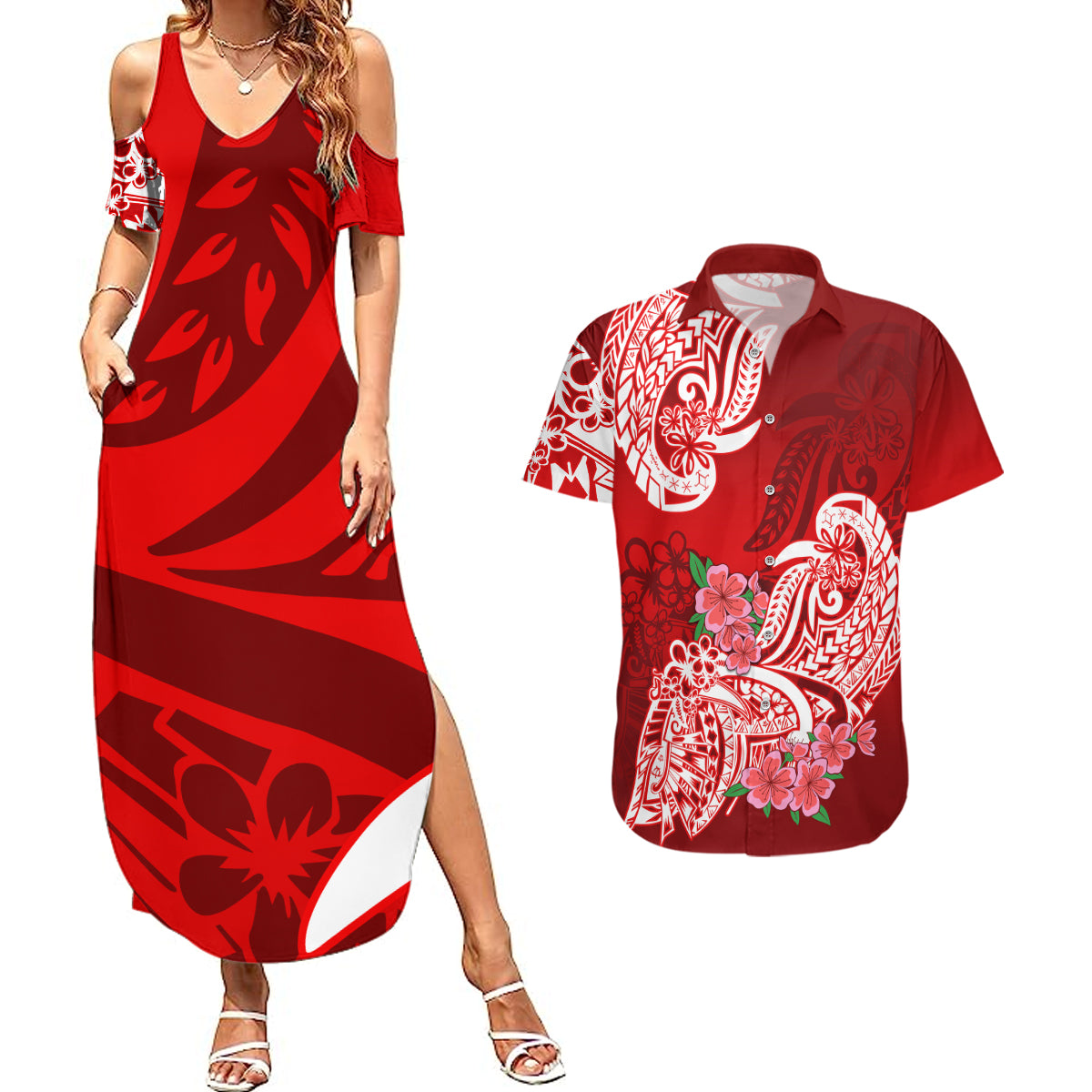 Polynesian Couples Matching Summer Maxi Dress and Hawaiian Shirt Pacific Flower Mix Floral Tribal Tattoo Red Vibe LT9 - Wonder Print Shop