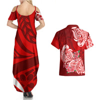 Polynesian Couples Matching Summer Maxi Dress and Hawaiian Shirt Pacific Flower Mix Floral Tribal Tattoo Red Vibe LT9 - Wonder Print Shop