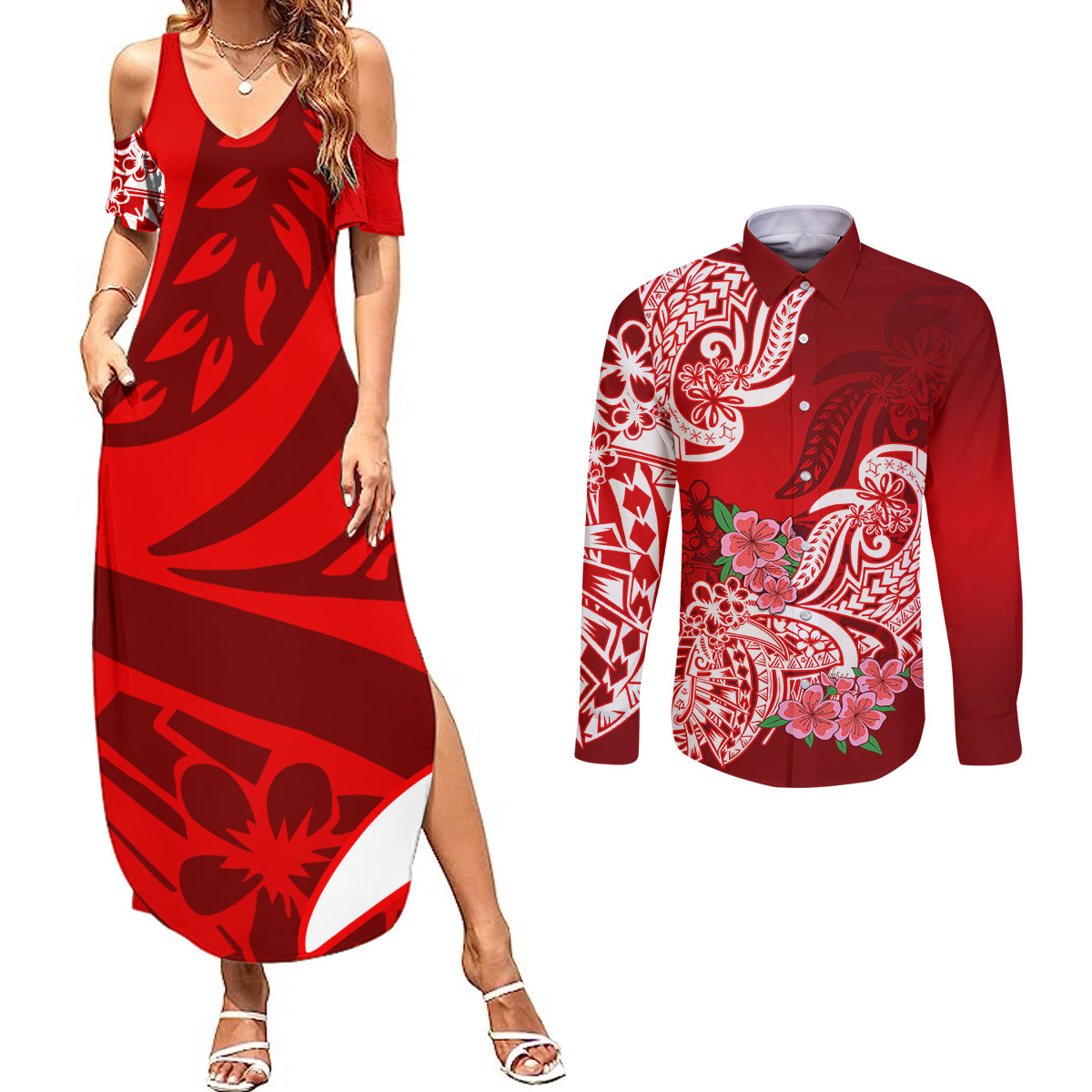 Polynesian Couples Matching Summer Maxi Dress and Long Sleeve Button Shirts Pacific Flower Mix Floral Tribal Tattoo Red Vibe LT9 - Wonder Print Shop