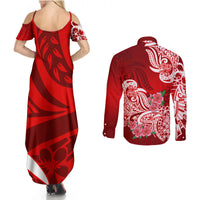 Polynesian Couples Matching Summer Maxi Dress and Long Sleeve Button Shirts Pacific Flower Mix Floral Tribal Tattoo Red Vibe LT9 - Wonder Print Shop