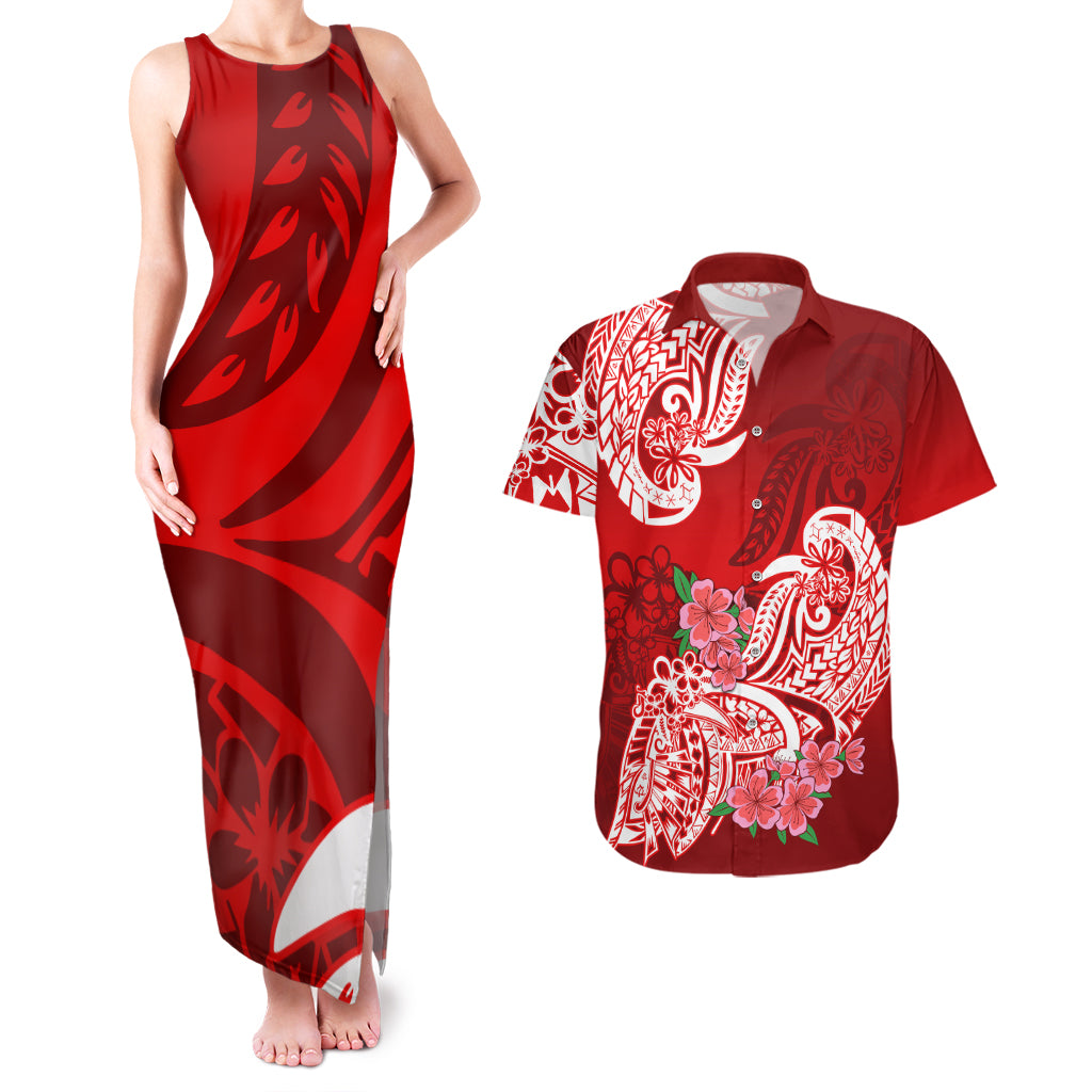 Polynesian Couples Matching Tank Maxi Dress And Hawaiian Shirt Pacific Flower Mix Floral Tribal Tattoo Red Vibe LT9 - Wonder Print Shop