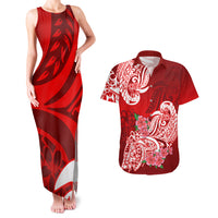 Polynesian Couples Matching Tank Maxi Dress And Hawaiian Shirt Pacific Flower Mix Floral Tribal Tattoo Red Vibe LT9 - Wonder Print Shop