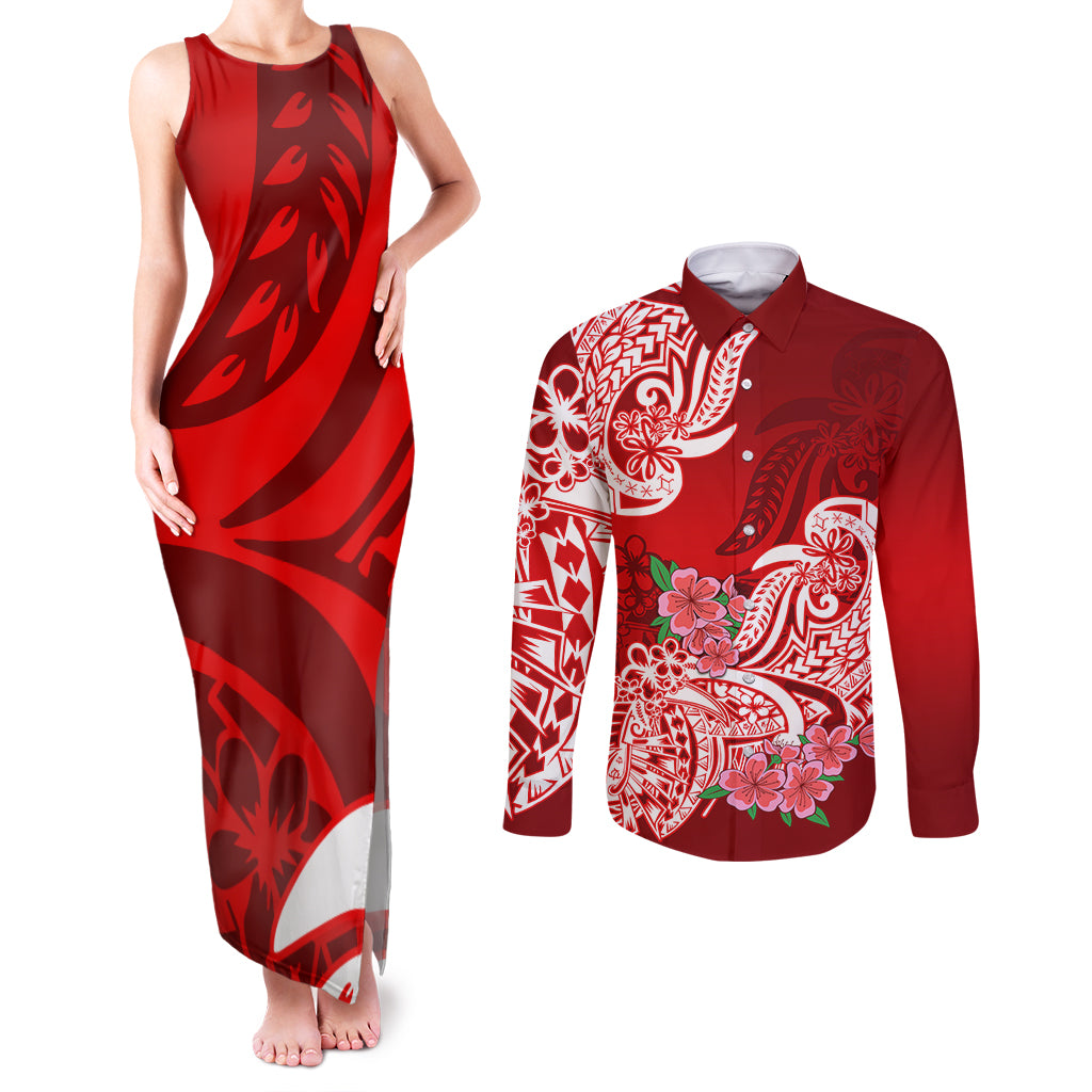 Polynesian Couples Matching Tank Maxi Dress and Long Sleeve Button Shirts Pacific Flower Mix Floral Tribal Tattoo Red Vibe LT9 - Wonder Print Shop