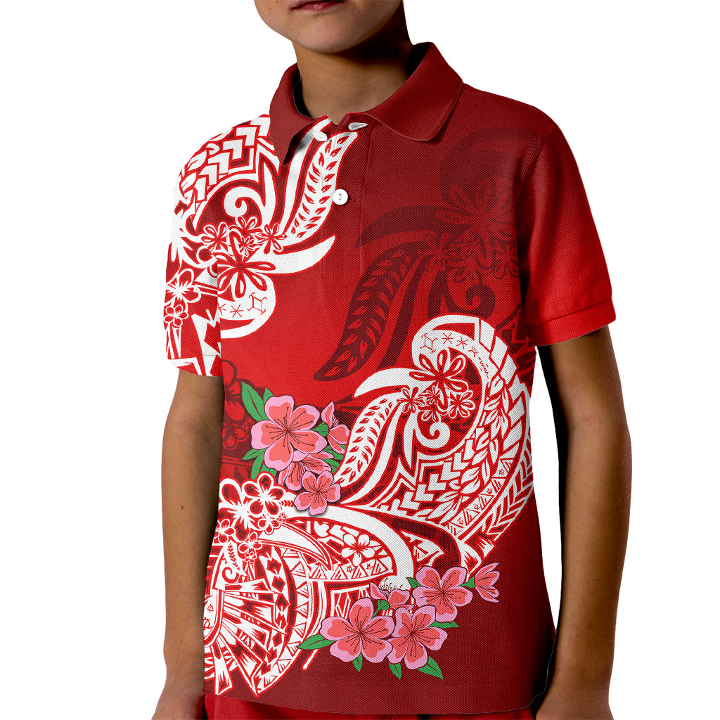 Polynesian Kid Polo Shirt Pacific Flower Mix Floral Tribal Tattoo Red Vibe - Wonder Print Shop