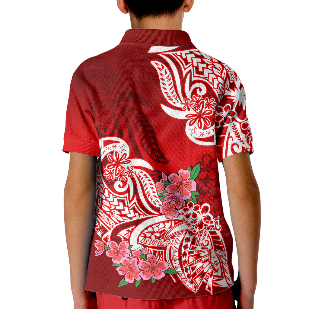 Polynesian Kid Polo Shirt Pacific Flower Mix Floral Tribal Tattoo Red Vibe - Wonder Print Shop
