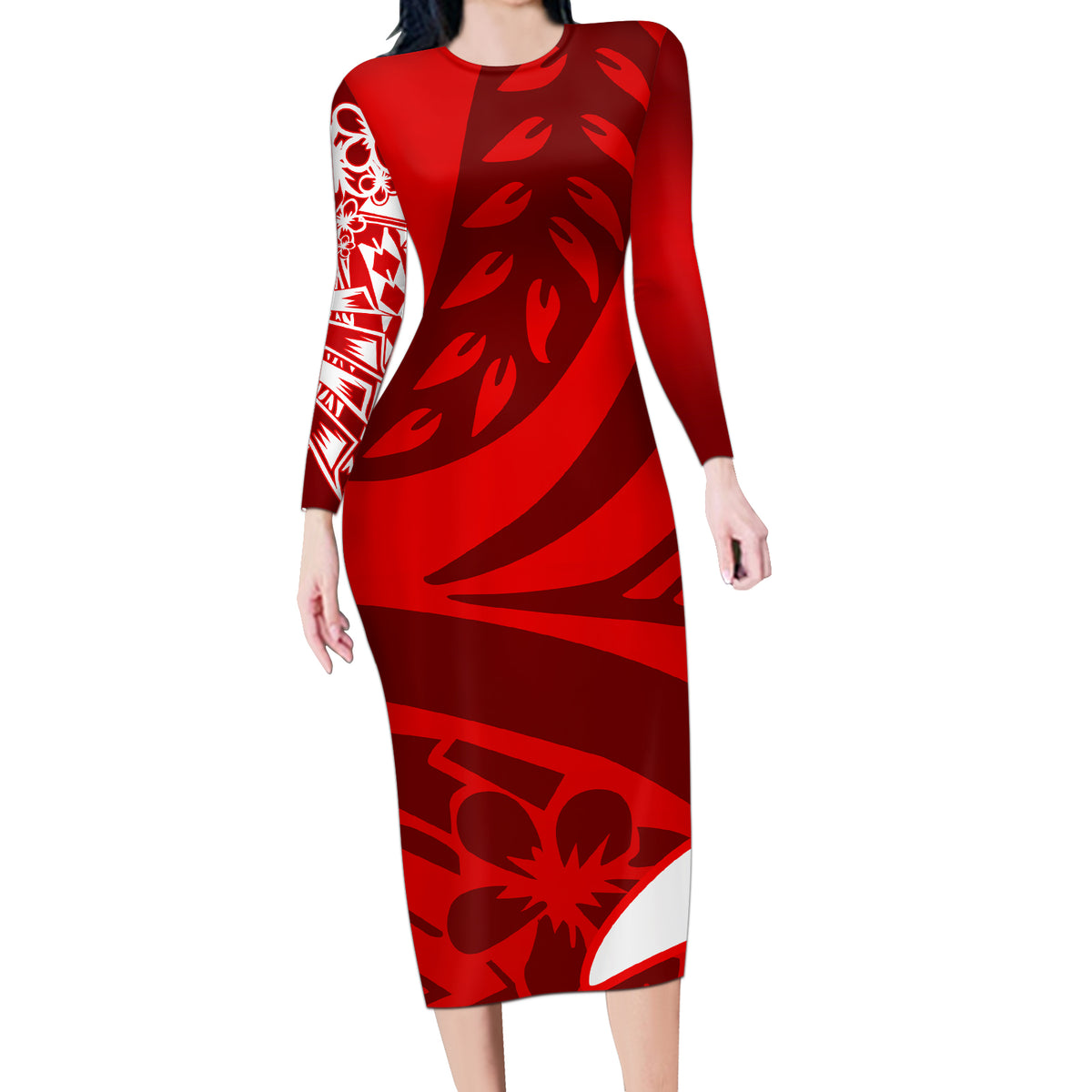 Polynesian Long Sleeve Bodycon Dress Pacific Flower Mix Floral Tribal Tattoo Red Vibe - Wonder Print Shop