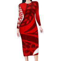 Polynesian Long Sleeve Bodycon Dress Pacific Flower Mix Floral Tribal Tattoo Red Vibe - Wonder Print Shop