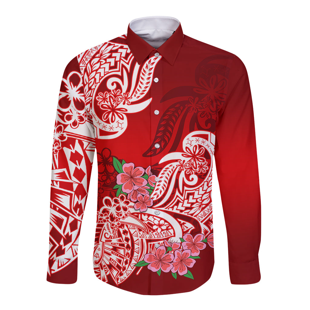 Polynesian Long Sleeve Button Shirt Pacific Flower Mix Floral Tribal Tattoo Red Vibe - Wonder Print Shop