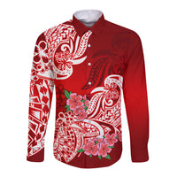 Polynesian Long Sleeve Button Shirt Pacific Flower Mix Floral Tribal Tattoo Red Vibe - Wonder Print Shop