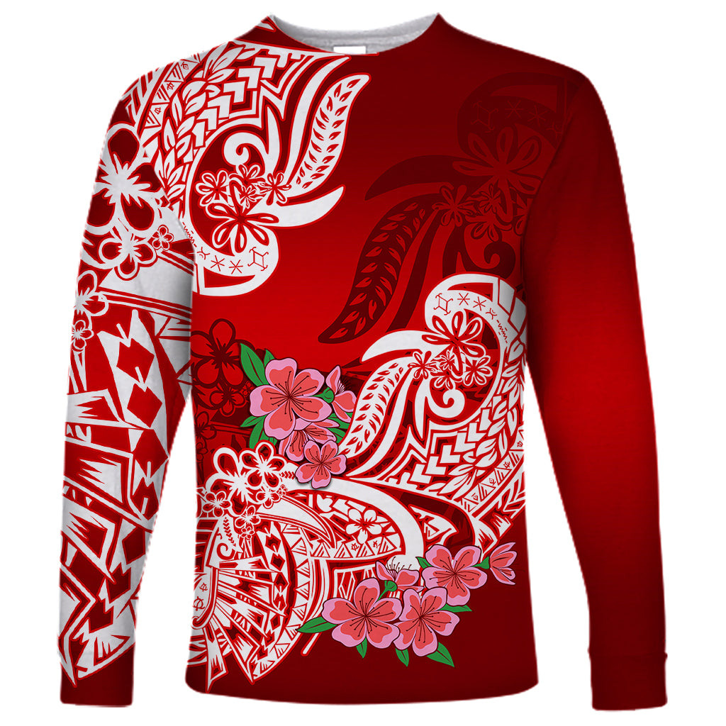 Polynesian Long Sleeve Shirt Pacific Flower Mix Floral Tribal Tattoo Red Vibe - Wonder Print Shop
