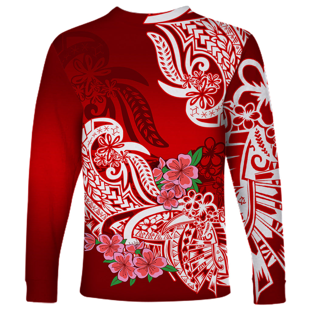 Polynesian Long Sleeve Shirt Pacific Flower Mix Floral Tribal Tattoo Red Vibe - Wonder Print Shop