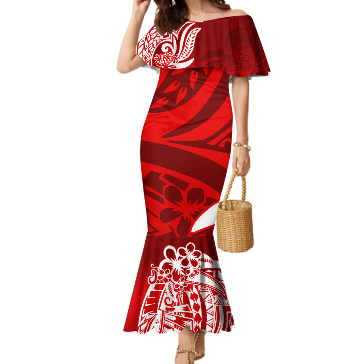 Polynesian Mermaid Dress Pacific Flower Mix Floral Tribal Tattoo Red Vibe - Wonder Print Shop