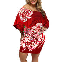 Polynesian Off Shoulder Short Dress Pacific Flower Mix Floral Tribal Tattoo Red Vibe - Wonder Print Shop