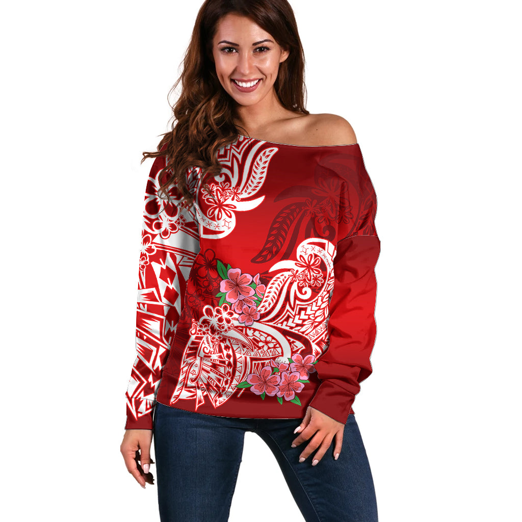 Polynesian Off Shoulder Sweater Pacific Flower Mix Floral Tribal Tattoo Red Vibe - Wonder Print Shop