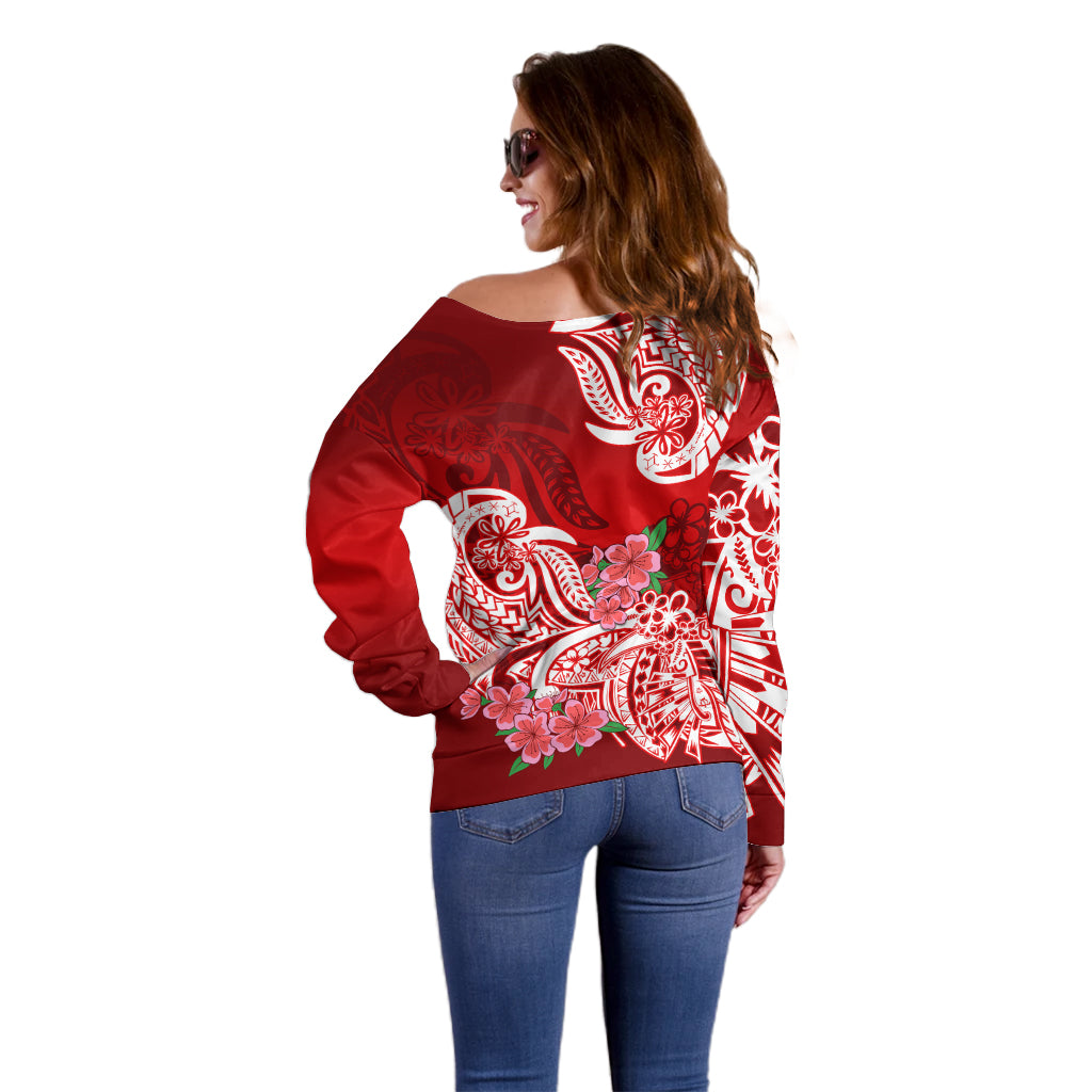 Polynesian Off Shoulder Sweater Pacific Flower Mix Floral Tribal Tattoo Red Vibe - Wonder Print Shop