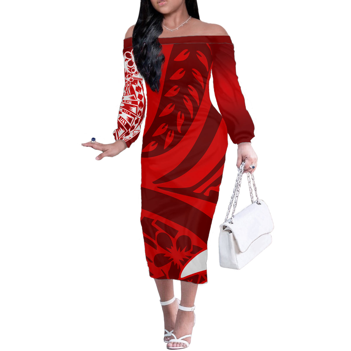 Polynesian Off The Shoulder Long Sleeve Dress Pacific Flower Mix Floral Tribal Tattoo Red Vibe - Wonder Print Shop