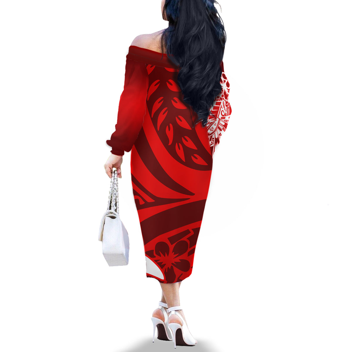 Polynesian Off The Shoulder Long Sleeve Dress Pacific Flower Mix Floral Tribal Tattoo Red Vibe - Wonder Print Shop