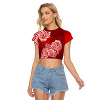 Polynesian Raglan Cropped T Shirt Pacific Flower Mix Floral Tribal Tattoo Red Vibe - Wonder Print Shop
