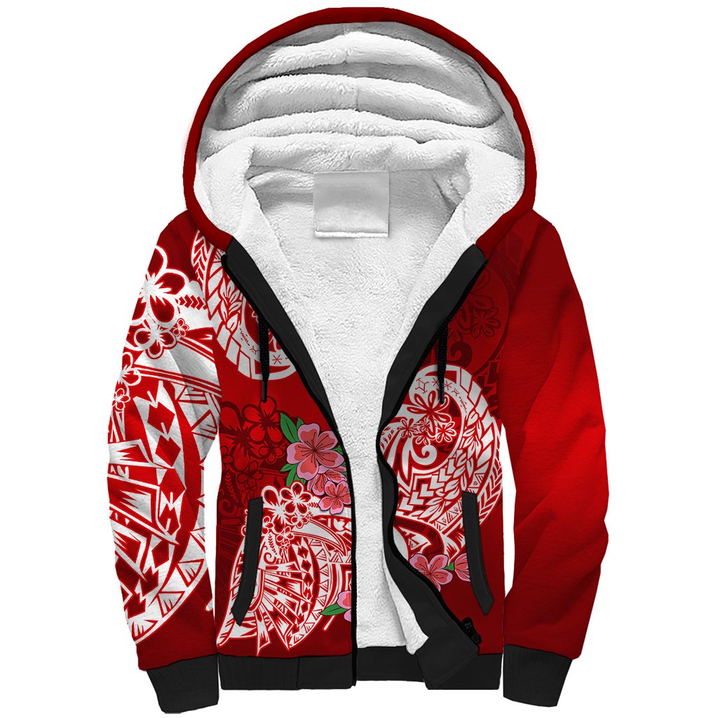Polynesian Sherpa Hoodie Pacific Flower Mix Floral Tribal Tattoo Red Vibe - Wonder Print Shop