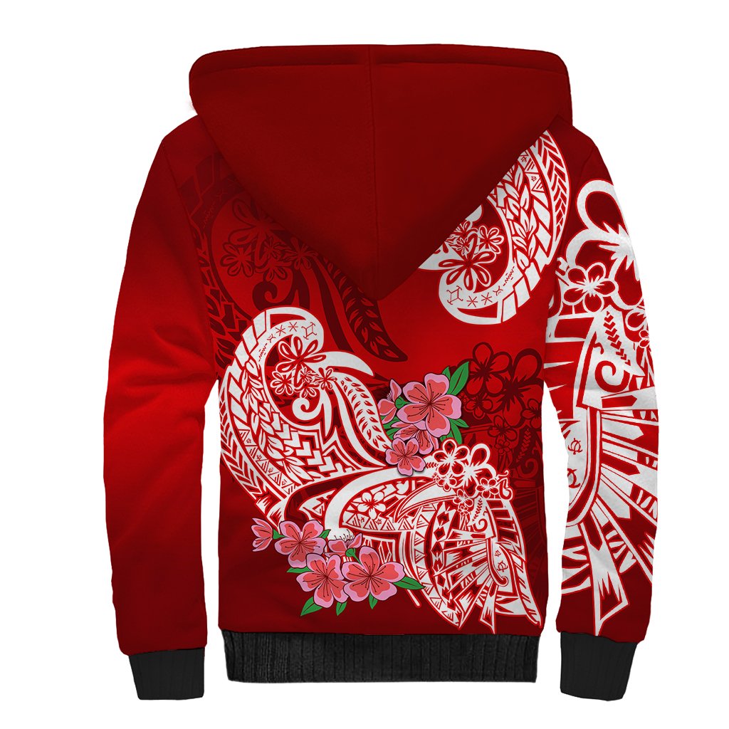 Polynesian Sherpa Hoodie Pacific Flower Mix Floral Tribal Tattoo Red Vibe - Wonder Print Shop
