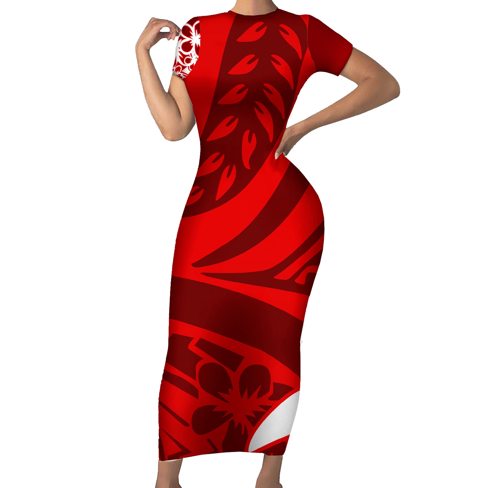 Polynesian Short Sleeve Bodycon Dress Pacific Flower Mix Floral Tribal Tattoo Red Vibe - Wonder Print Shop