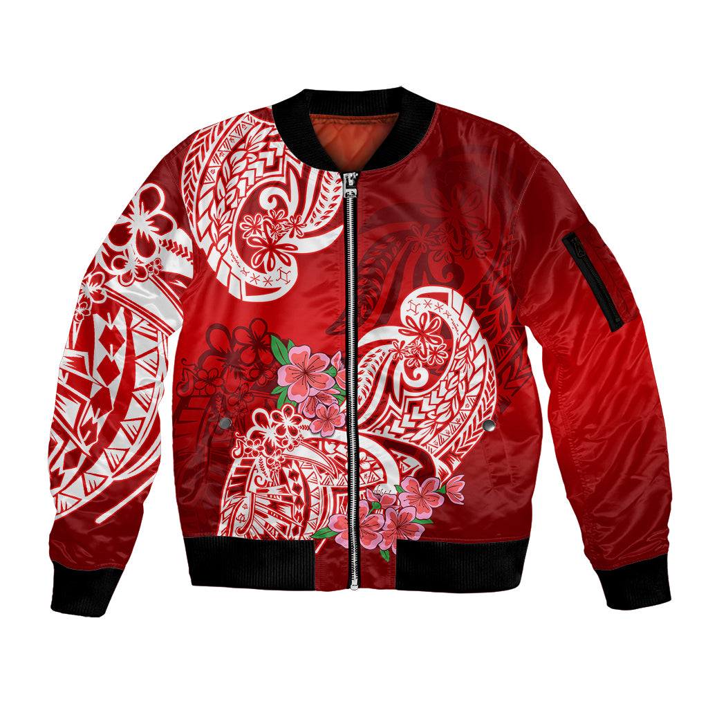Polynesian Sleeve Zip Bomber Jacket Pacific Flower Mix Floral Tribal Tattoo Red Vibe - Wonder Print Shop