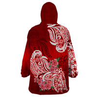 Polynesian Wearable Blanket Hoodie Pacific Flower Mix Floral Tribal Tattoo Red Vibe - Wonder Print Shop