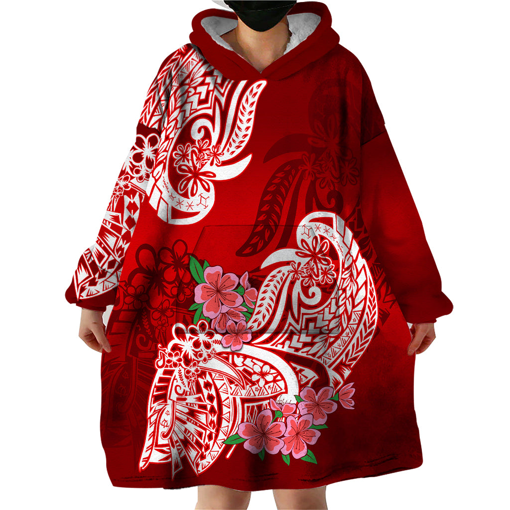 Polynesian Wearable Blanket Hoodie Pacific Flower Mix Floral Tribal Tattoo Red Vibe - Wonder Print Shop