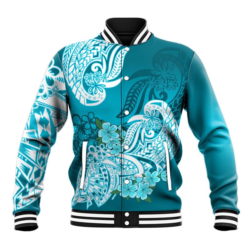 Polynesian Baseball Jacket Pacific Flower Mix Floral Tribal Tattoo Aqua Vibe LT9 - Wonder Print Shop