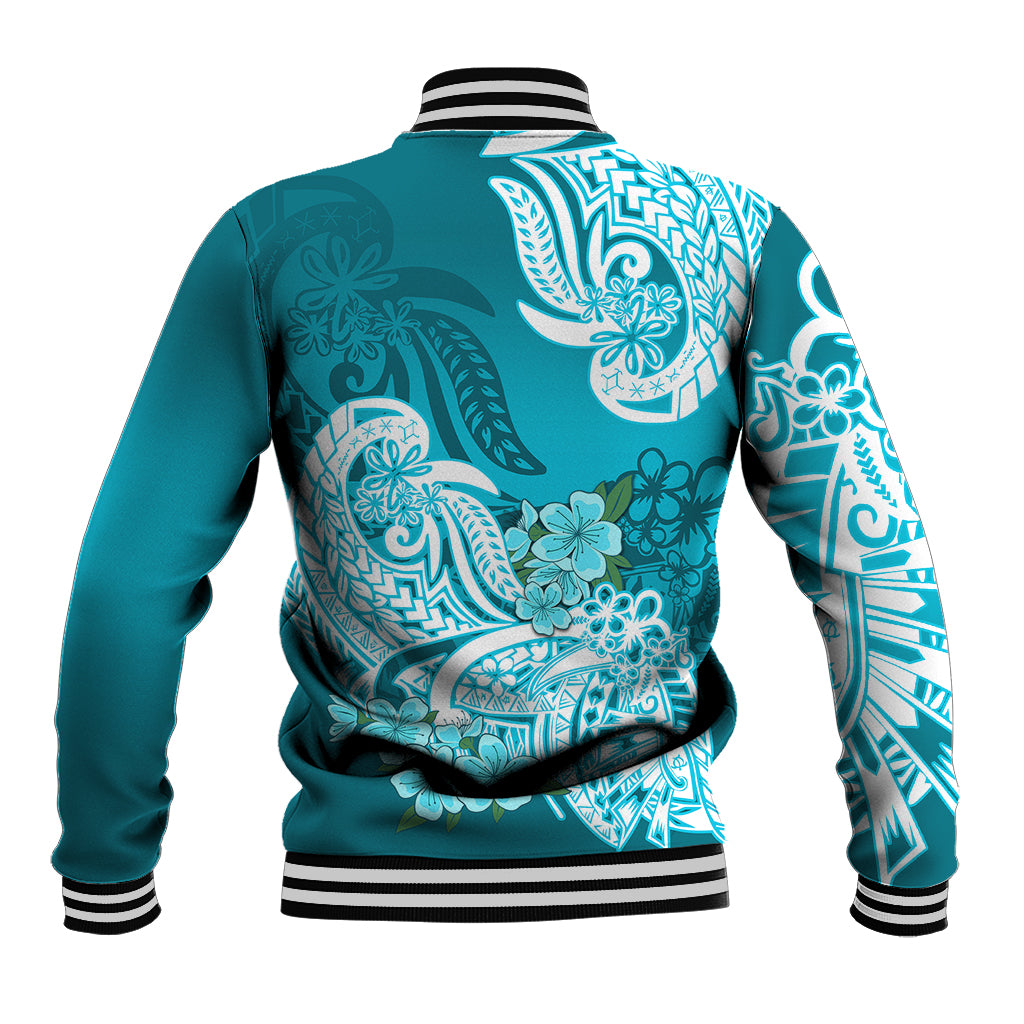 Polynesian Baseball Jacket Pacific Flower Mix Floral Tribal Tattoo Aqua Vibe LT9 - Wonder Print Shop