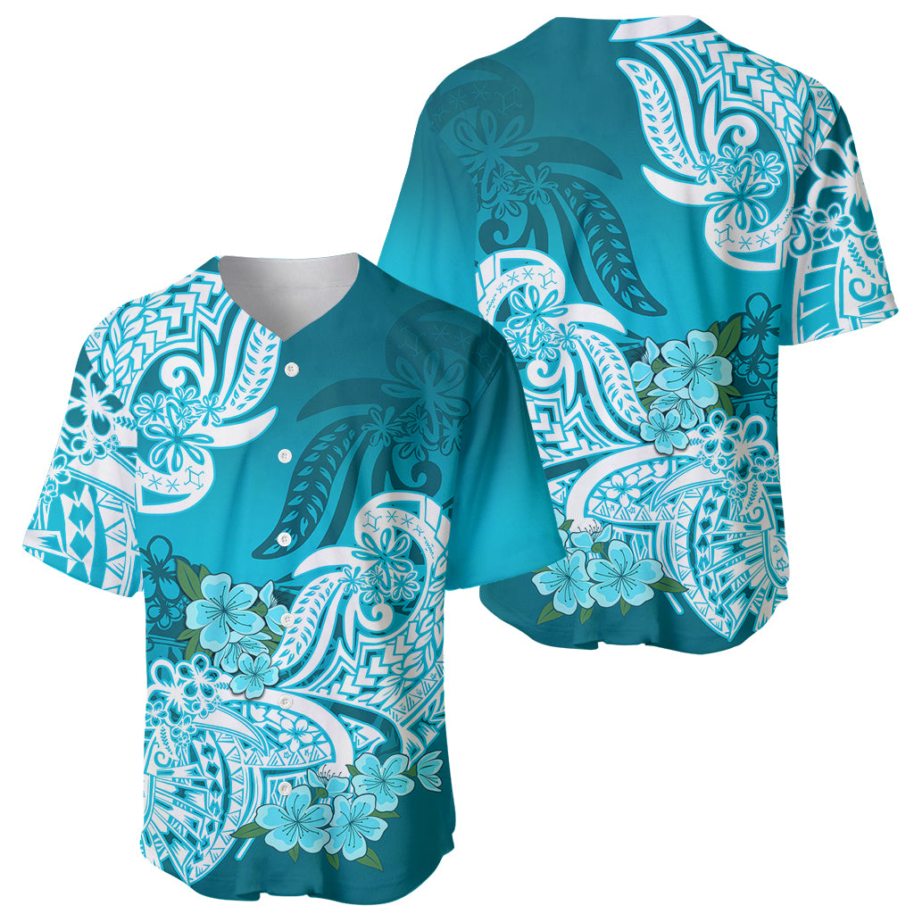 Polynesian Baseball Jersey Pacific Flower Mix Floral Tribal Tattoo Aqua Vibe LT9 - Wonder Print Shop